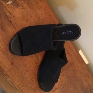 Black Tahari slip in sandals.